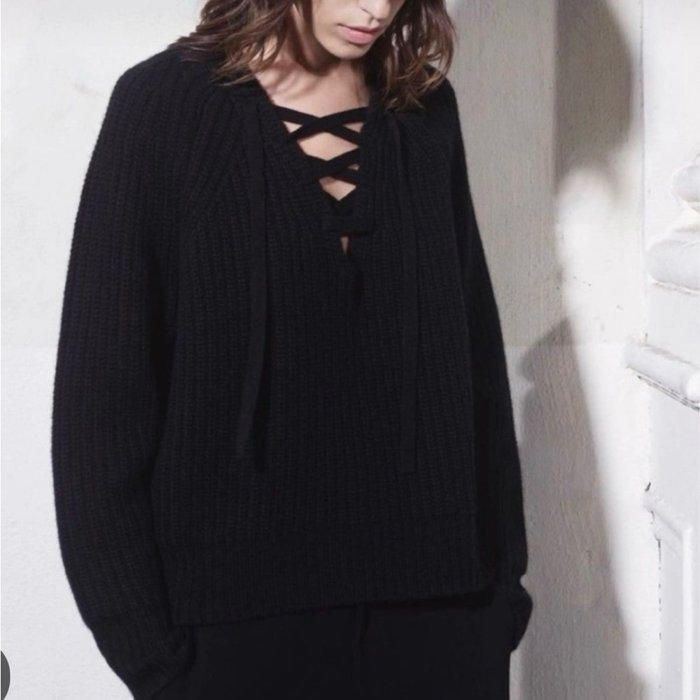 Nili Lotan Alix Cashmere Black Chunky Ribbed Knit Lace-Up V-Neck Sweater Size S